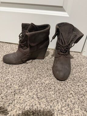 Tesori Brown Fold-Over Lace-Up Wedge Booties